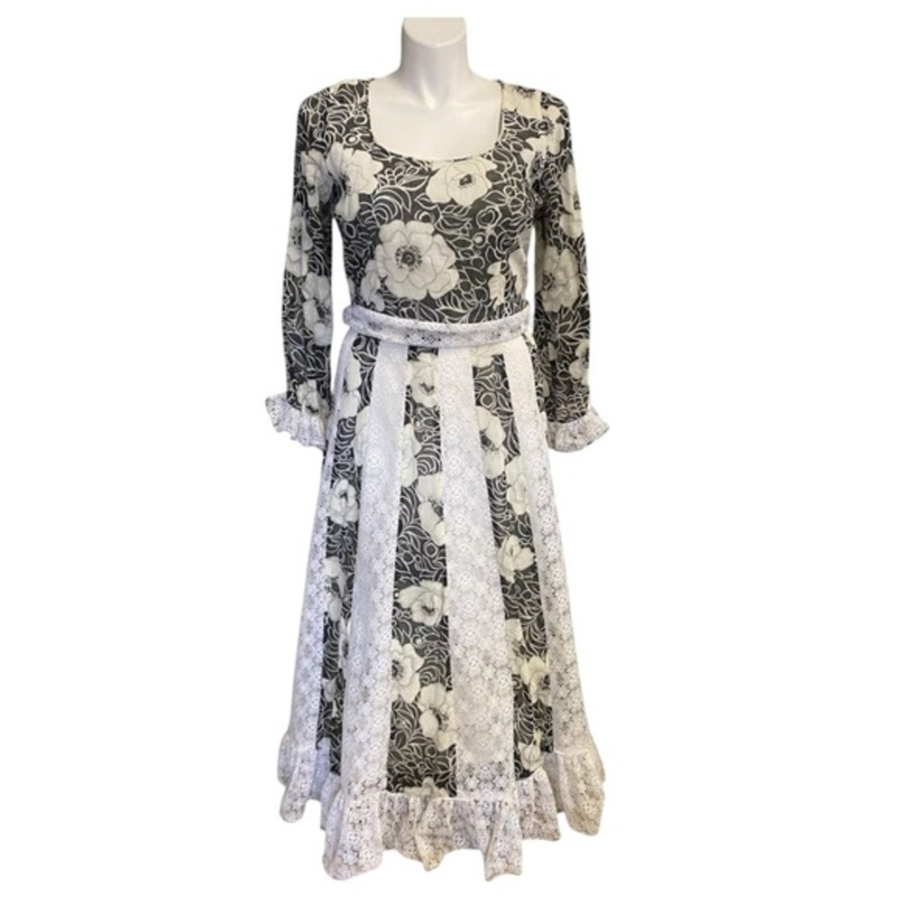 Hovland Swanson Vintage Maxi Dress Black‎ White Floral Lace Prairie Womens M